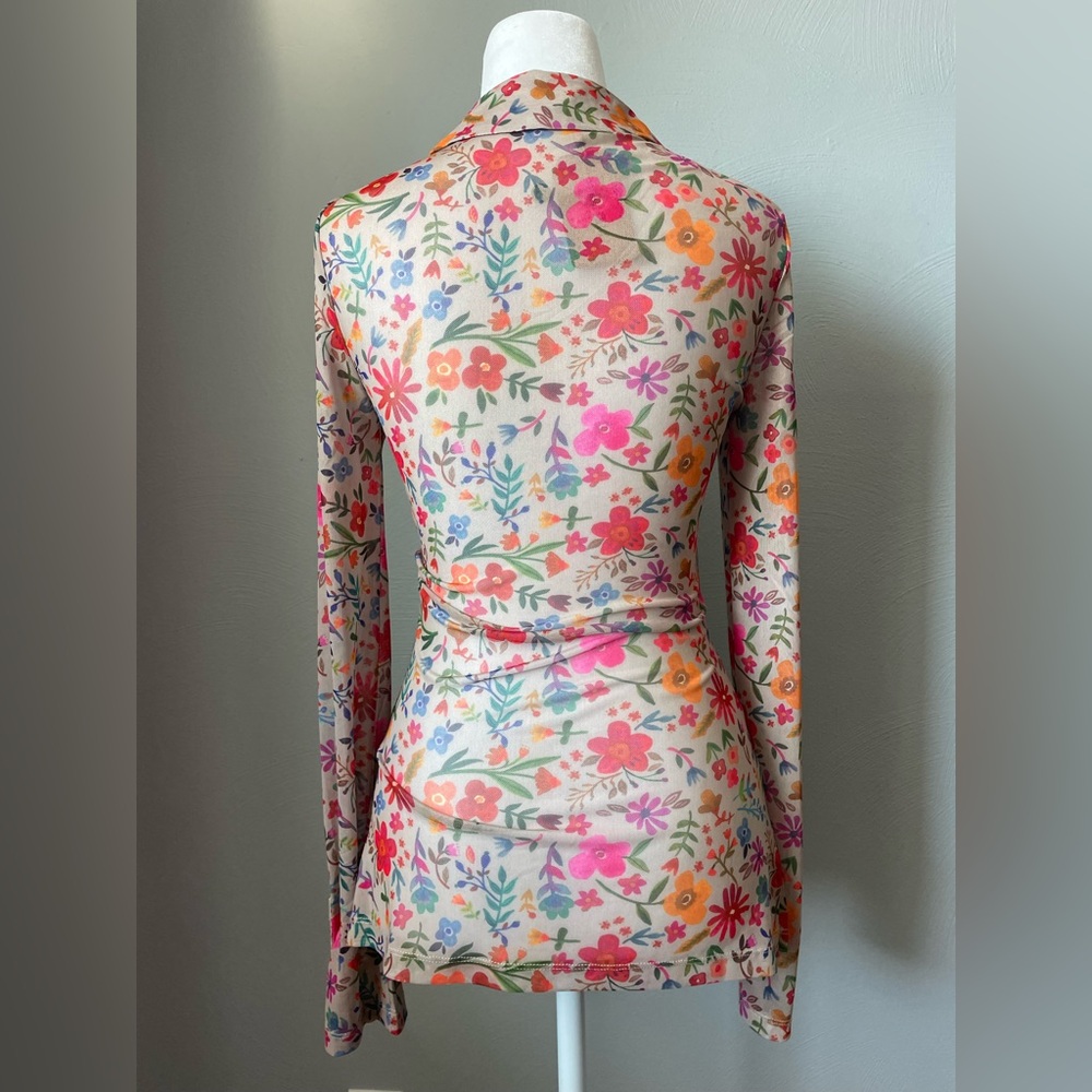Natural Life Boho Mesh Floral Blouse | Carina Long Sleeve Ruched Top - Picture 4 of 8